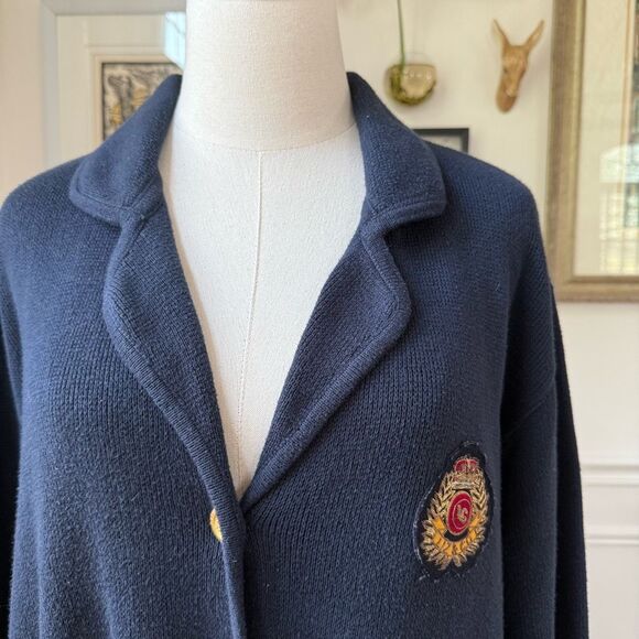 Vintage Liz Claiborne Liz & Co Navy Blue Sweater Blazer Cardigan Crest Prep Scho - Picture 2 of 9